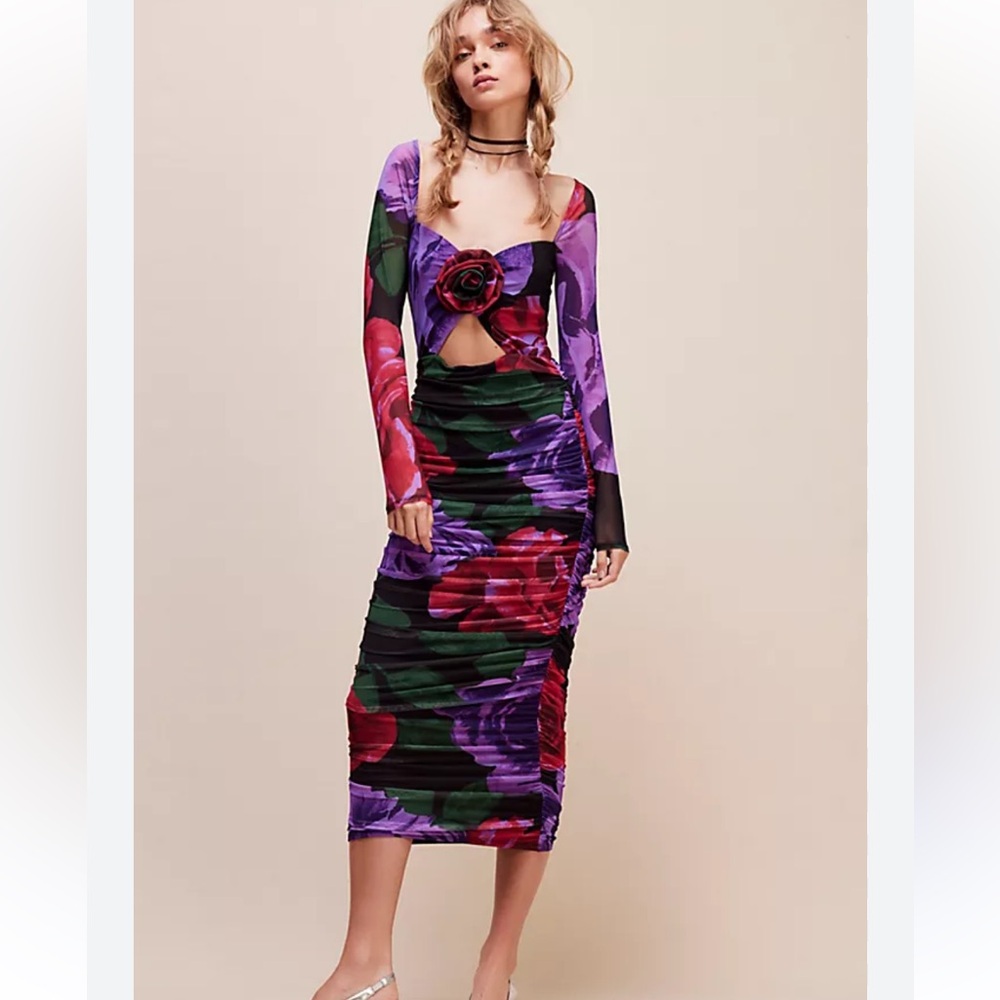 AFRM Purple and Pink Ruched Pencil Midi Skirt